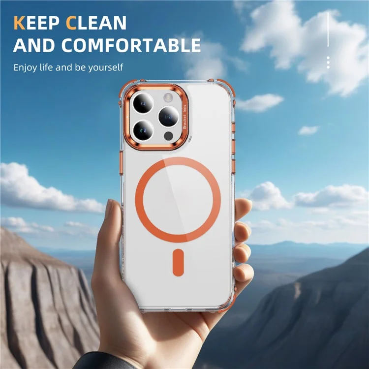 Cover per iPhone 12 Pro Max trasparente con supporto per lenti, compatibile con MagSafe - Arancione