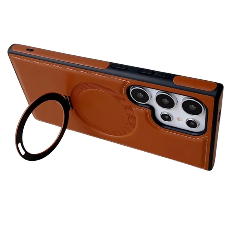 Capa para Samsung Galaxy S25 Ultra Compatível com MagSafe com Suporte Dobrável TPU + Couro PU Antiderrapante - Marrom