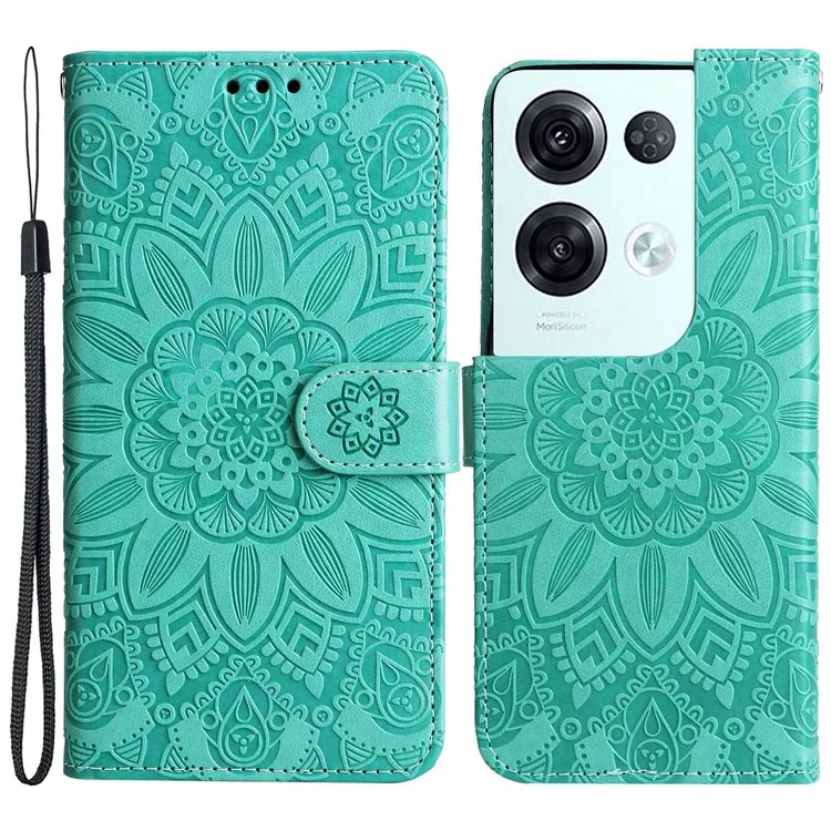 Folio Flip Phone Case Für Oppo Reno8 Pro 5G (globale Version), Sonnenblumen-geprägter Pu-lederständer Anti-kratzer-telefonabdeckung Mit Riemen - Grün