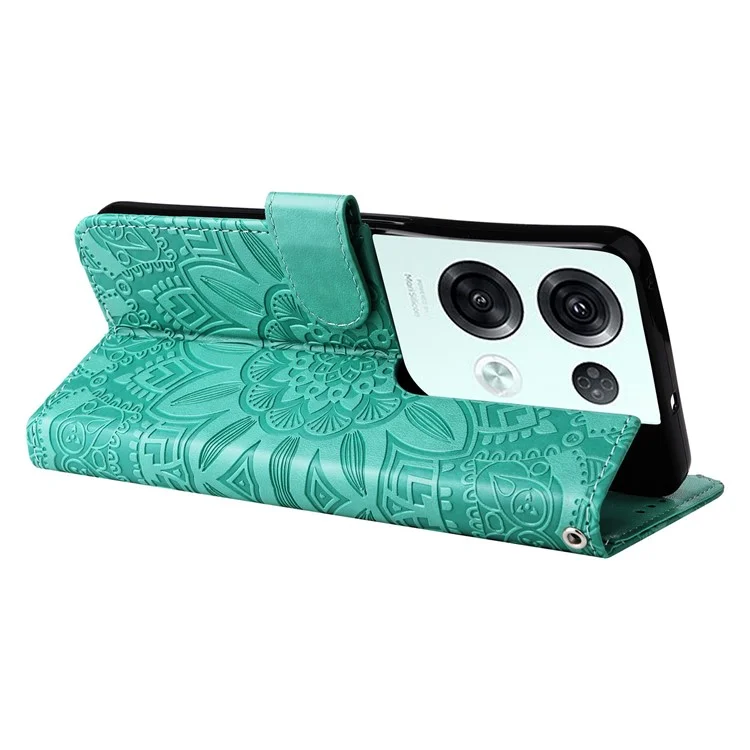 Folio Flip Phone Case Für Oppo Reno8 Pro 5G (globale Version), Sonnenblumen-geprägter Pu-lederständer Anti-kratzer-telefonabdeckung Mit Riemen - Grün