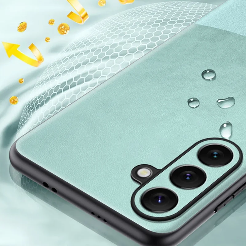 Für Samsung Galaxy S24 FE Hülle mit Farbmix und Nappa-Textur aus PU-Leder + TPU Handyhülle - Cyan