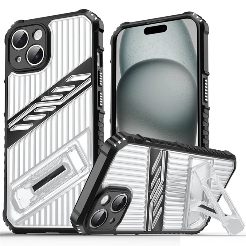 For iPhone 15 Case Folding Kickstand PC + TPU Anti Drop Phone Cover - Transparent Black