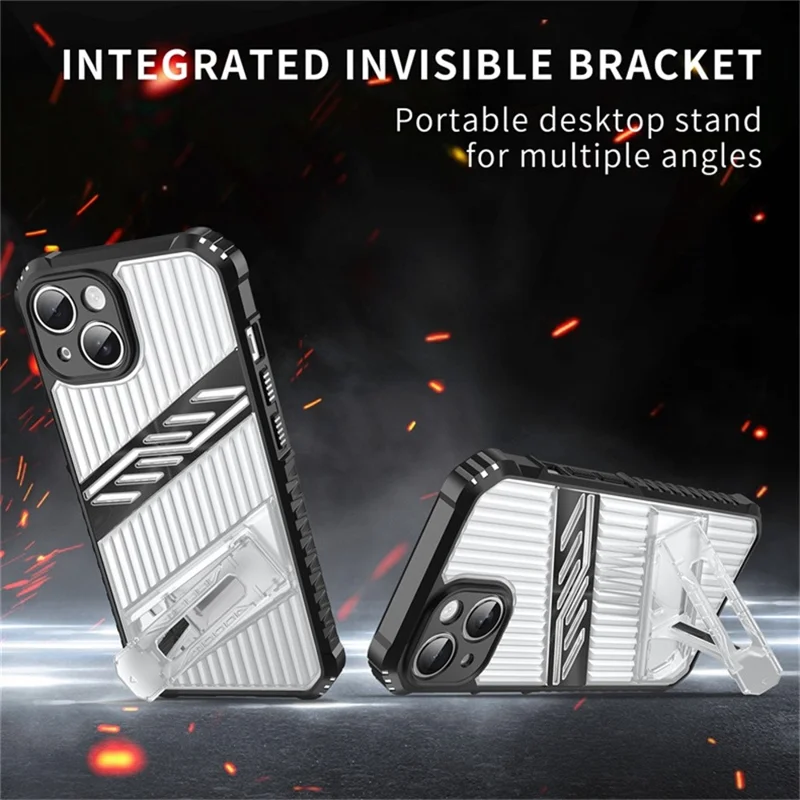 For iPhone 15 Case Folding Kickstand PC + TPU Anti Drop Phone Cover - Black  /  Grey