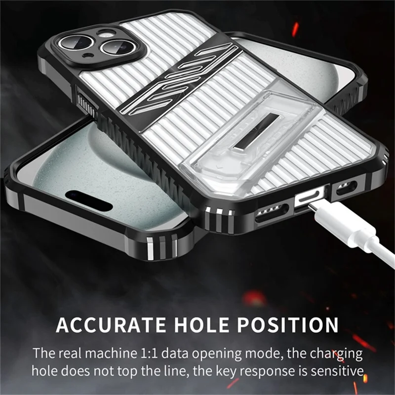 For iPhone 15 Case Folding Kickstand PC + TPU Anti Drop Phone Cover - Black  /  Grey