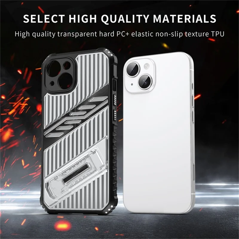 For iPhone 15 Case Folding Kickstand PC + TPU Anti Drop Phone Cover - Black  /  Grey