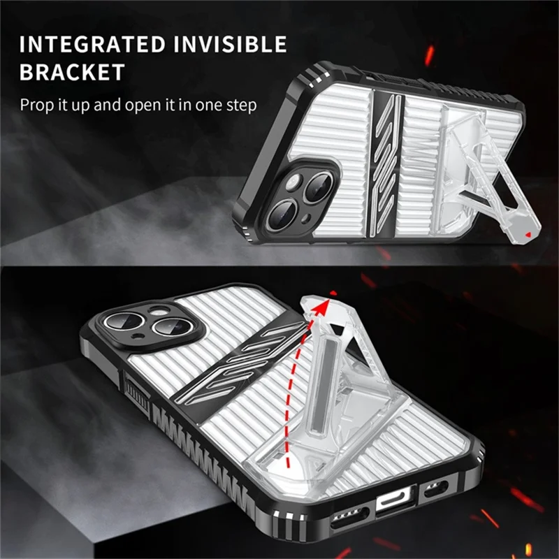 For iPhone 15 Case Folding Kickstand PC + TPU Anti Drop Phone Cover - Black  /  Grey