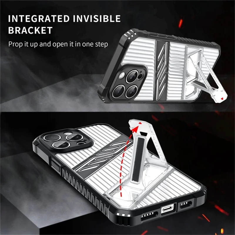 For iPhone 15 Pro Case Folding Kickstand PC + TPU Anti Drop Phone Cover - Black / Grey