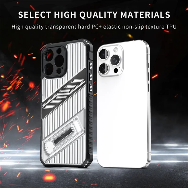 For iPhone 15 Pro Case Folding Kickstand PC + TPU Anti Drop Phone Cover - Black / Grey