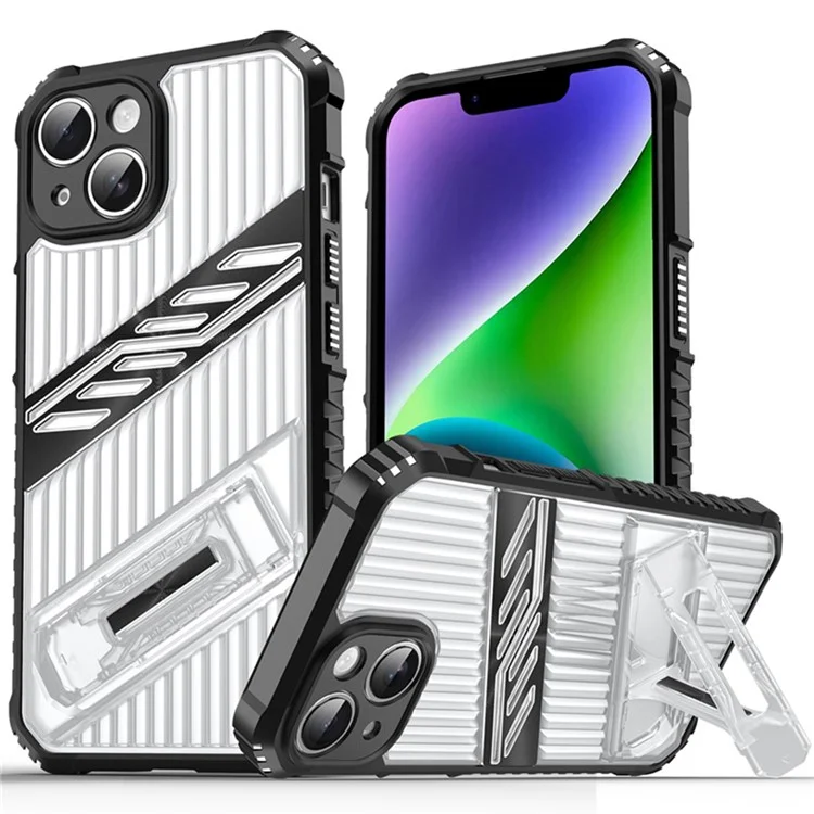 For iPhone 14 Case Folding Kickstand PC + TPU Anti Drop Phone Cover - Transparent Black