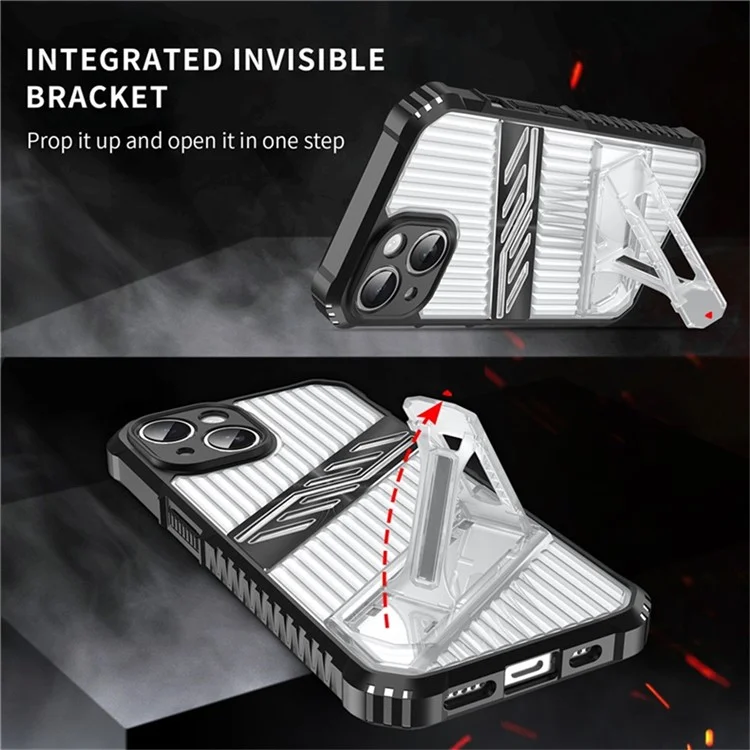 For iPhone 14 Case Folding Kickstand PC + TPU Anti Drop Phone Cover - Transparent Black