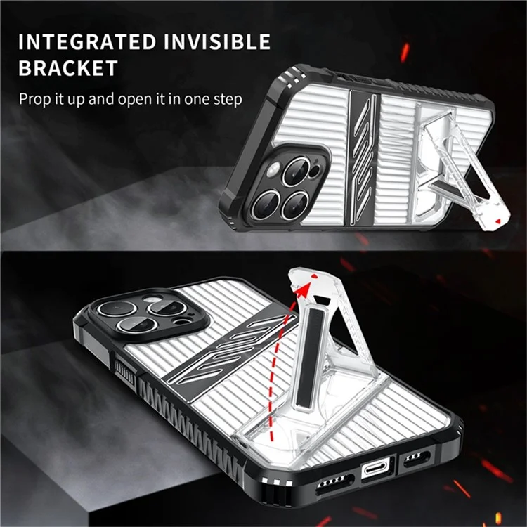 For iPhone 13 Pro Case Folding Kickstand PC + TPU Anti Drop Phone Cover - Transparent Black