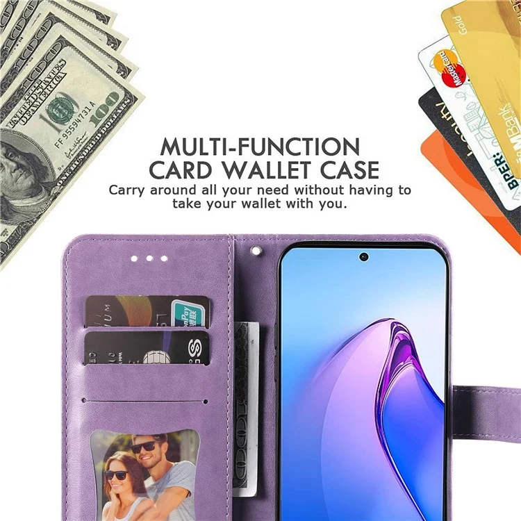 Couverture de Téléphone Portable Pour Oppo Reno8 Pro 5G (version Globale), PU le Cuir Flip Wallet Case Fleur Impression du Support Magné de Protection de Fermeture Magnétique - Violet