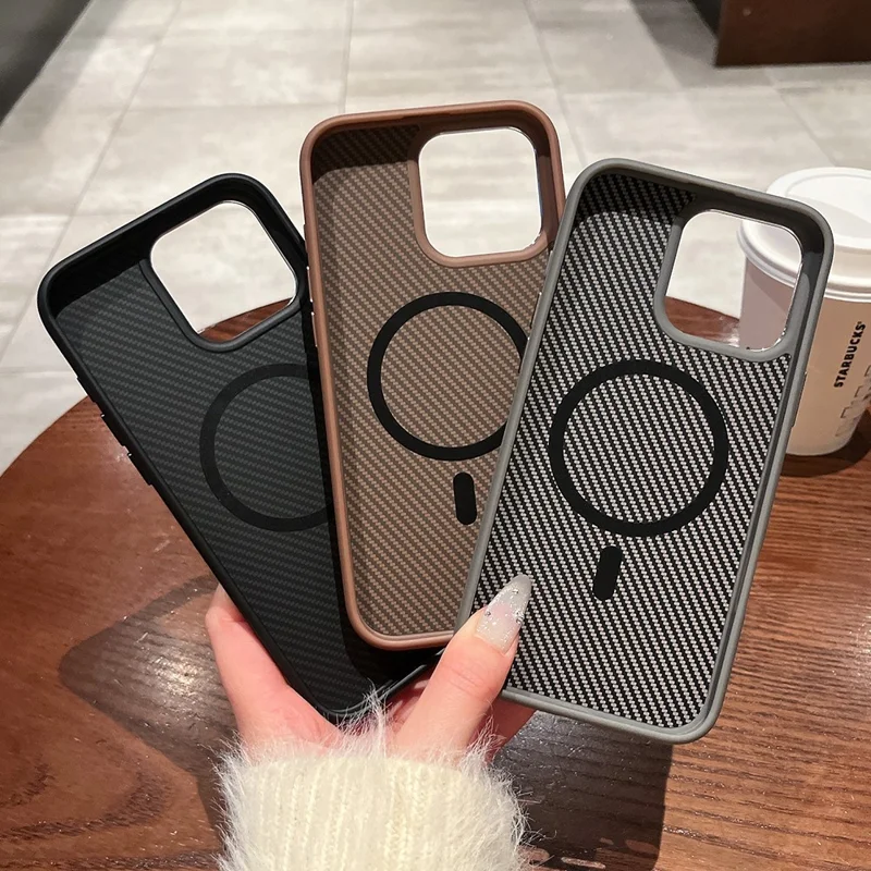 For iPhone 16 Pro Case Compatible with MagSafe PC + TPU Phone Back Cover Carbon Fiber Texture - Grey