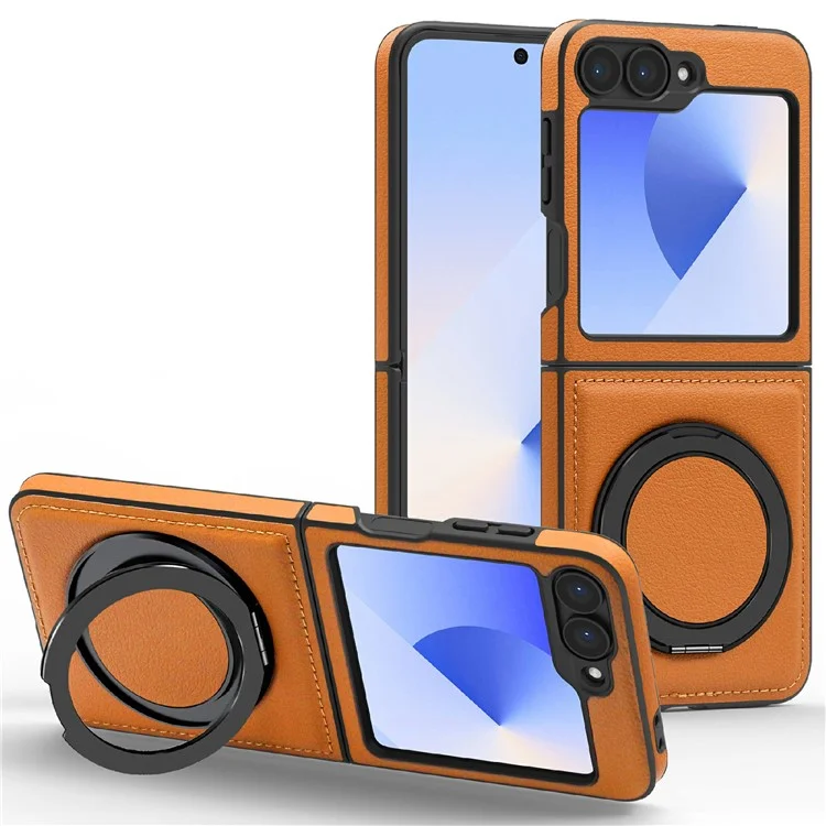 For Samsung Galaxy Z Flip6 5G Case with Ring Kickstand Compatible with MagSafe PU Leather Back Cover - Brown