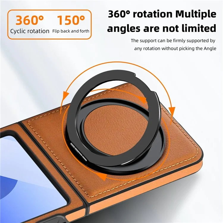 For Samsung Galaxy Z Flip6 5G Case with Ring Kickstand Compatible with MagSafe PU Leather Back Cover - Brown