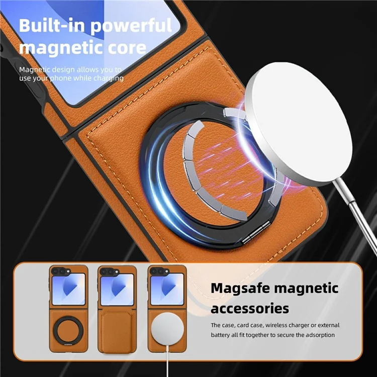 For Samsung Galaxy Z Flip6 5G Case with Ring Kickstand Compatible with MagSafe PU Leather Back Cover - Brown