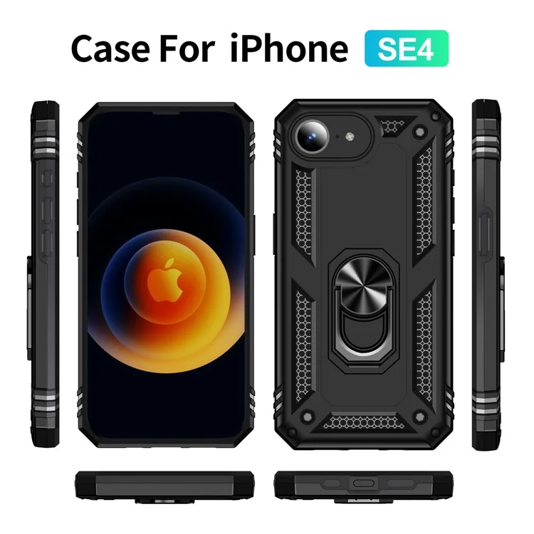 For iPhone 16e Case PC + TPU Phone Cover with Kickstand - Black