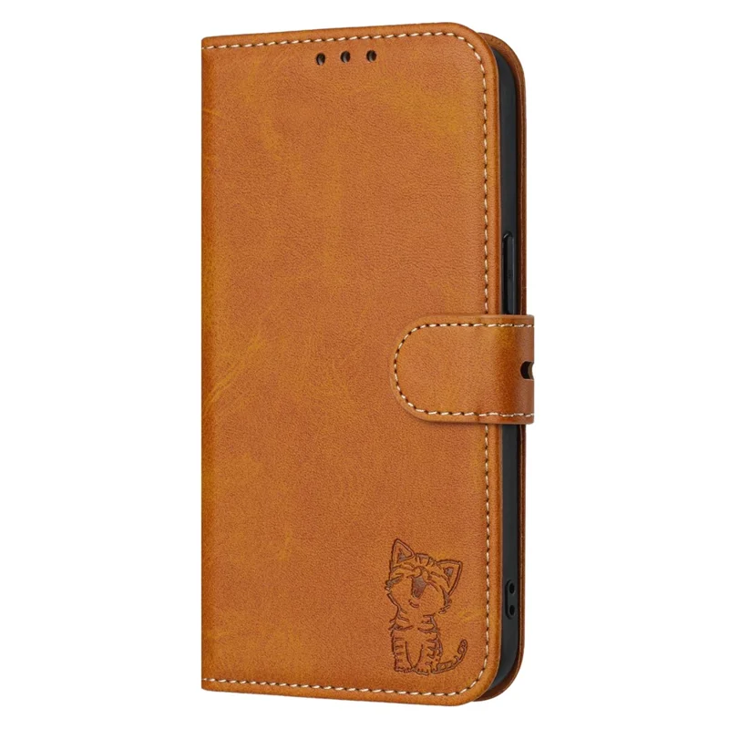 For iPhone 16e Case Happy Cat Pattern Imprinted Leather Wallet Phone Cover - Yellow