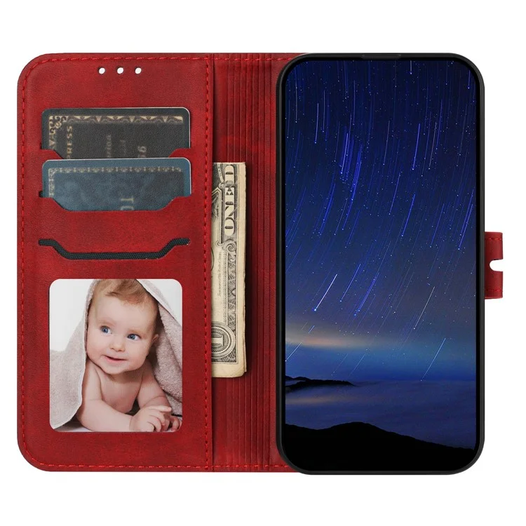 For iPhone 16e Case Happy Cat Pattern Imprinted Leather Wallet Phone Cover - Red