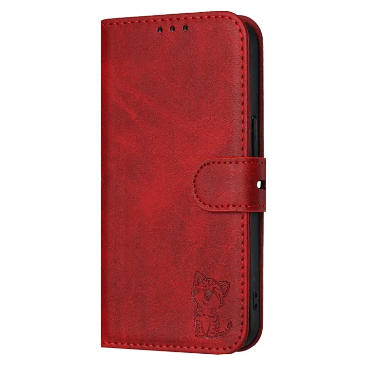 For iPhone 16e Case Happy Cat Pattern Imprinted Leather Wallet Phone Cover - Red