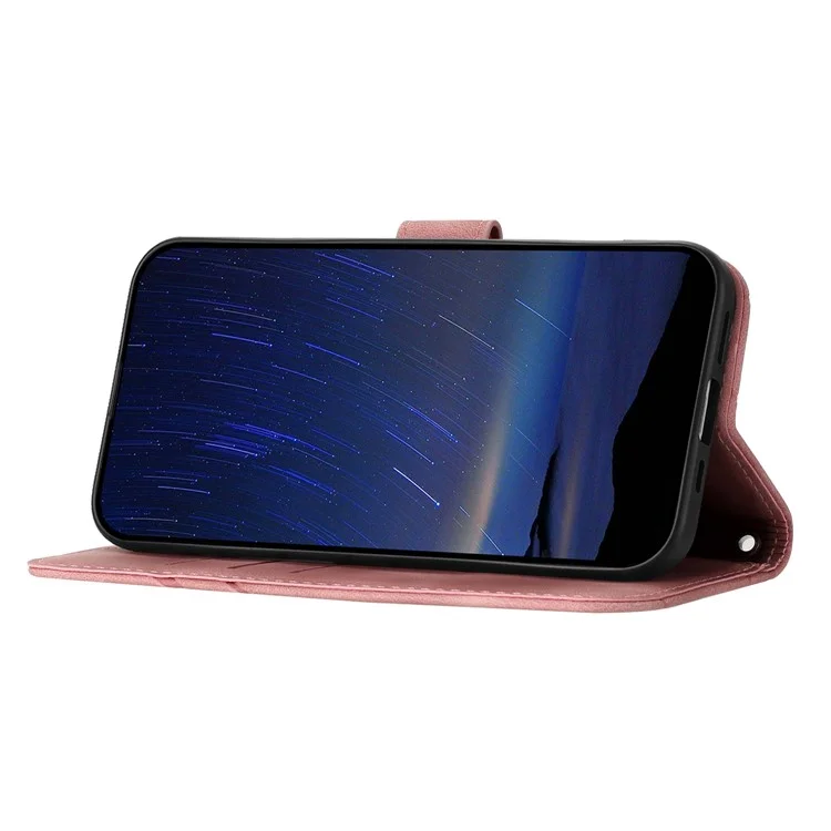 For iPhone 16e Case Imprinted Line Leather Phone Cover with Handy Strap - Pink
