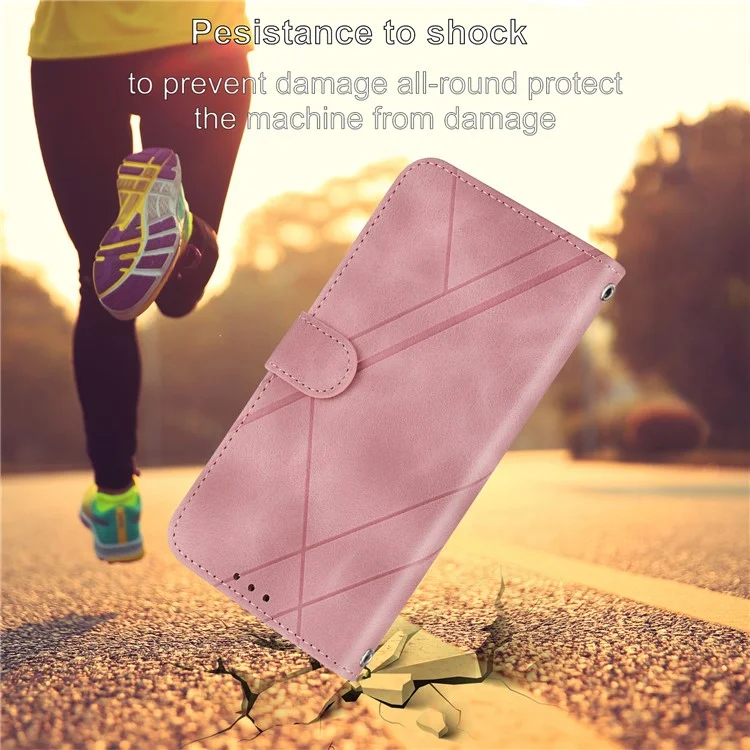 For iPhone 16e Case Imprinted Line Leather Phone Cover with Handy Strap - Pink