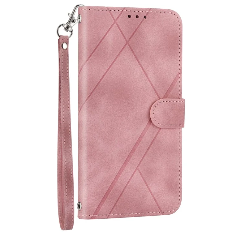 For iPhone 16e Case Imprinted Line Leather Phone Cover with Handy Strap - Pink