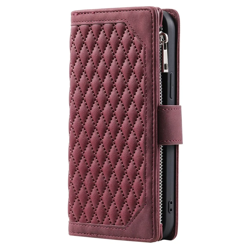 For iPhone 16e Case Rhombus Imprinted Zipper Wallet Leather Cover with Strap - Wine Red