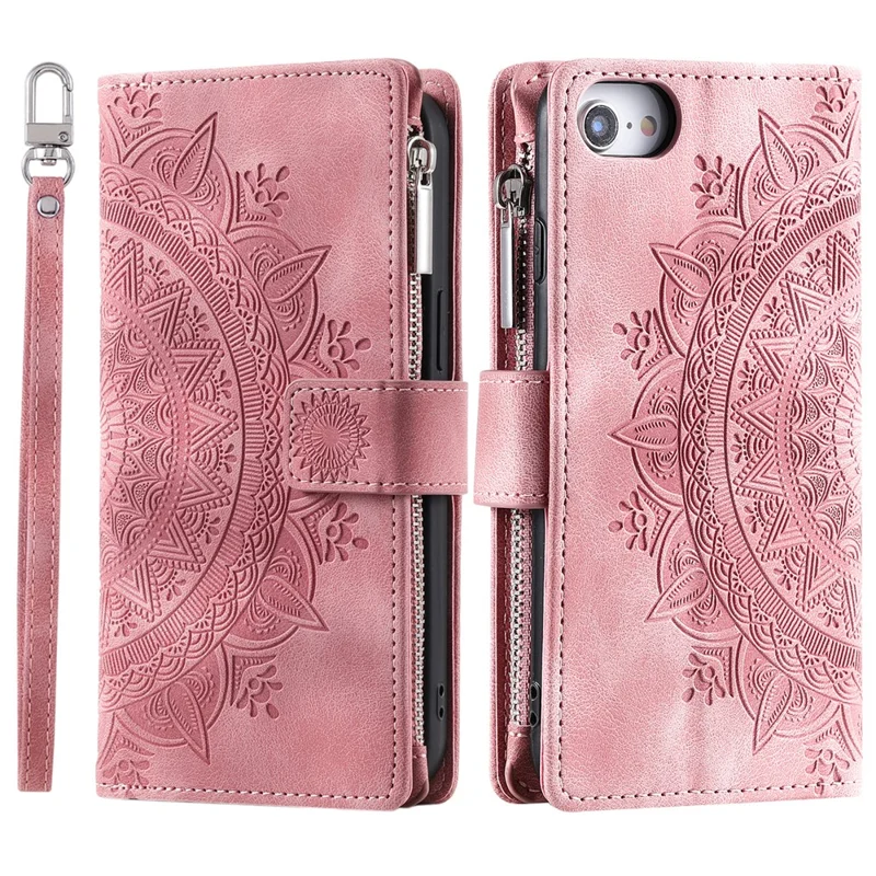 Style 006 For iPhone 17e / 16e Wallet Case PU Leather Phone Cover Mandala Flower Pattern - Rose Gold