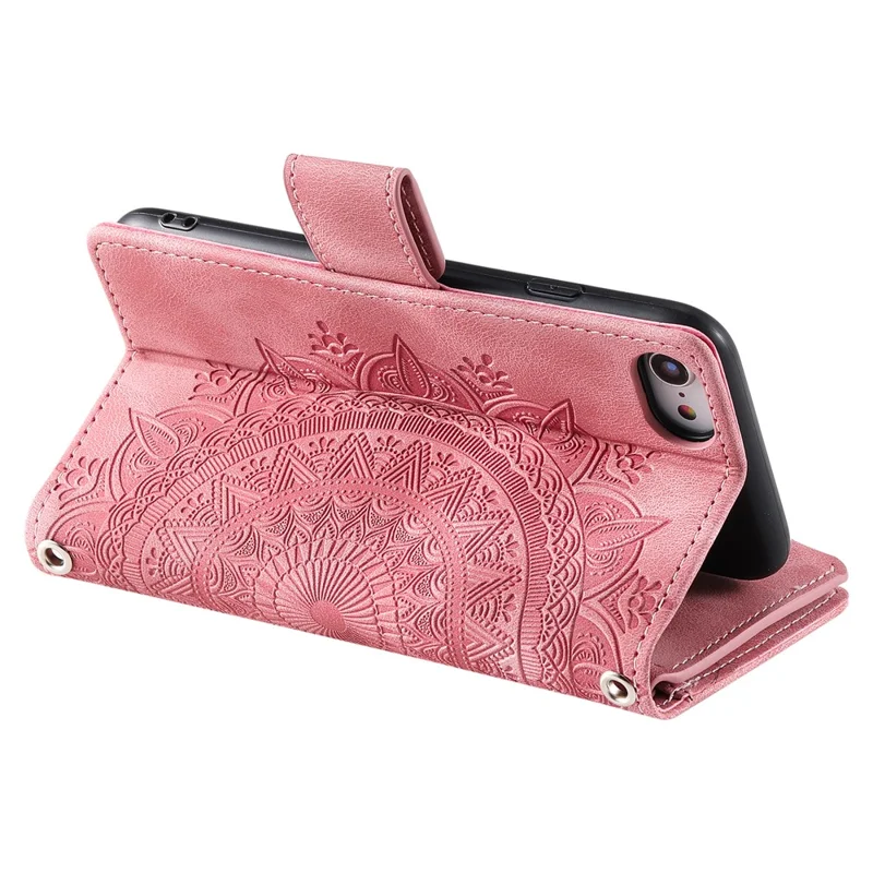Style 006 For iPhone 17e / 16e Wallet Case PU Leather Phone Cover Mandala Flower Pattern - Rose Gold