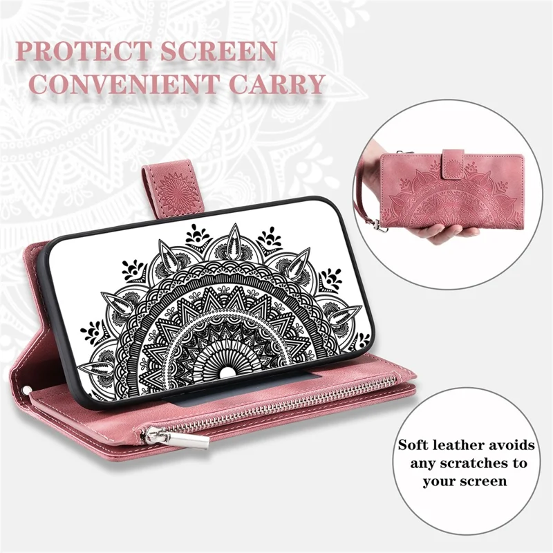 Style 006 For iPhone 17e / 16e Wallet Case PU Leather Phone Cover Mandala Flower Pattern - Rose Gold