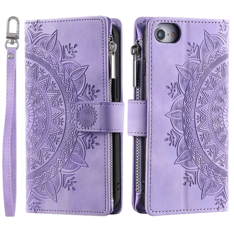 Style 006 For iPhone 17e / 16e Wallet Case PU Leather Phone Cover Mandala Flower Pattern - Purple