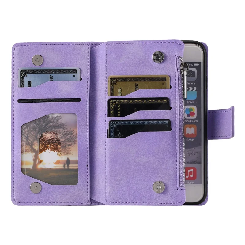 Style 006 For iPhone 17e / 16e Wallet Case PU Leather Phone Cover Mandala Flower Pattern - Purple