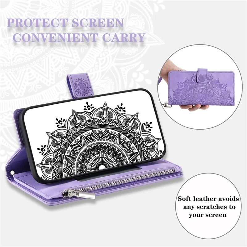 Style 006 For iPhone 17e / 16e Wallet Case PU Leather Phone Cover Mandala Flower Pattern - Purple