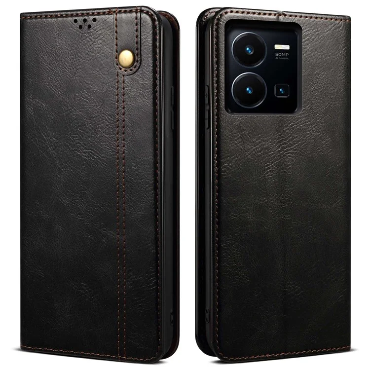 Für vivo Y35 4G (2022) / Y22 4G / Y22s 4G Geldbörse Phone Case Stoßfest Folio Flip Cover Wachsige Crazy Horse Textur Magnetisch Auto-absorbiert Leder Case TPU Innenschale mit Ständer - Schwarz