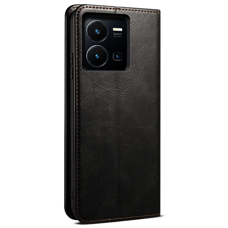 Für vivo Y35 4G (2022) / Y22 4G / Y22s 4G Geldbörse Phone Case Stoßfest Folio Flip Cover Wachsige Crazy Horse Textur Magnetisch Auto-absorbiert Leder Case TPU Innenschale mit Ständer - Schwarz