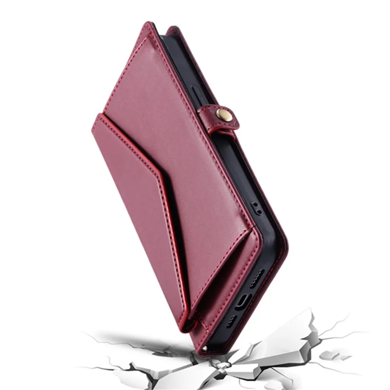 For iPhone 16e Leather Case with Wrist Strap Wallet Stand Phone Cover - Wine Red