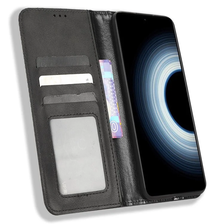 Per Xiaomi 12T 5G / Redmi K50 Ultra 5G / 12T Pro 5G Retro Texture PU Leather Phone Case Imprinted Pattern Stand Magnetic Absorption Wallet Cover - Nero