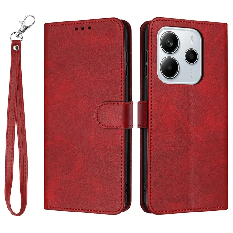 Funda Tipo Cartera de Cuero PU con Soporte Abatible para Xiaomi Redmi Note 14 4G (163,25x76,55x8,16 mm) - Textura de Ternero, Color Rojo