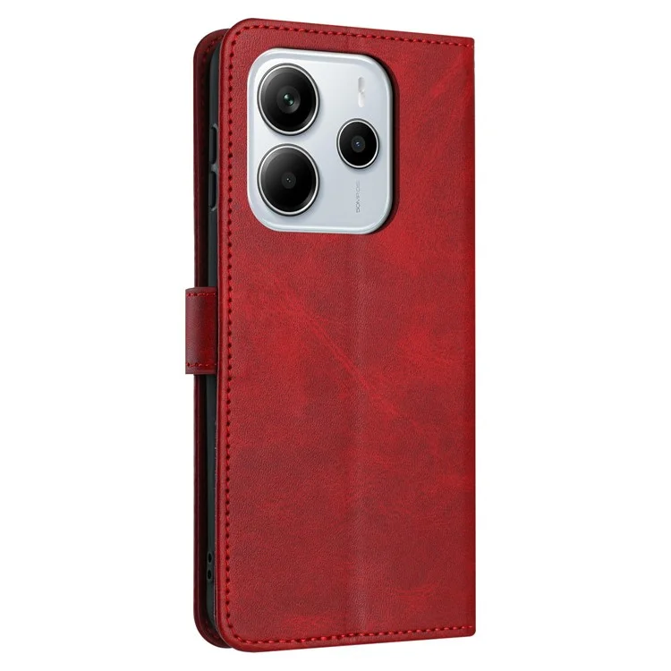 Funda Tipo Cartera de Cuero PU con Soporte Abatible para Xiaomi Redmi Note 14 4G (163,25x76,55x8,16 mm) - Textura de Ternero, Color Rojo