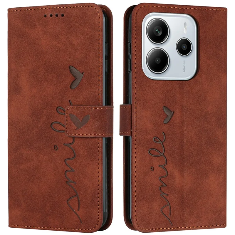 For Xiaomi Redmi Note 14 4G (163.25mm) Case Viewing Stand PU Leather Phone Cover Imprinted Heart Pattern - Brown