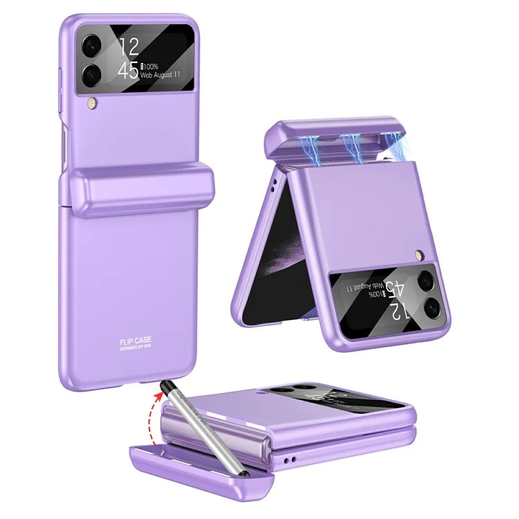 GKK 10803 Pour Étui Samsung Galaxy Z Flip3 5G avec Stylo et Charnière Magnétique, Protection d'Écran Intégrée - Violet