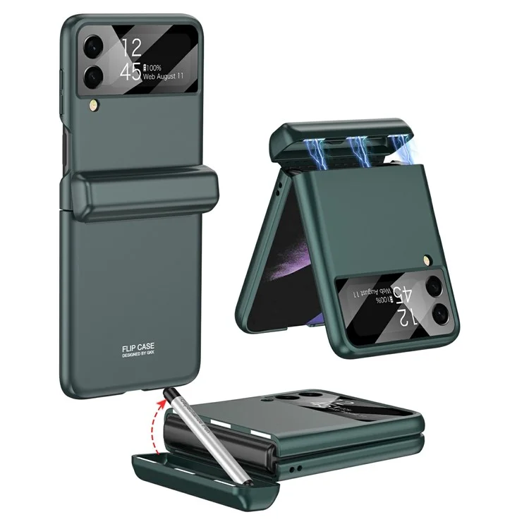 GKK 10803 For Samsung Galaxy Z Flip3 5G Case with Stylus Magnetic Hinge Phone Cover Built In Screen Film - Green