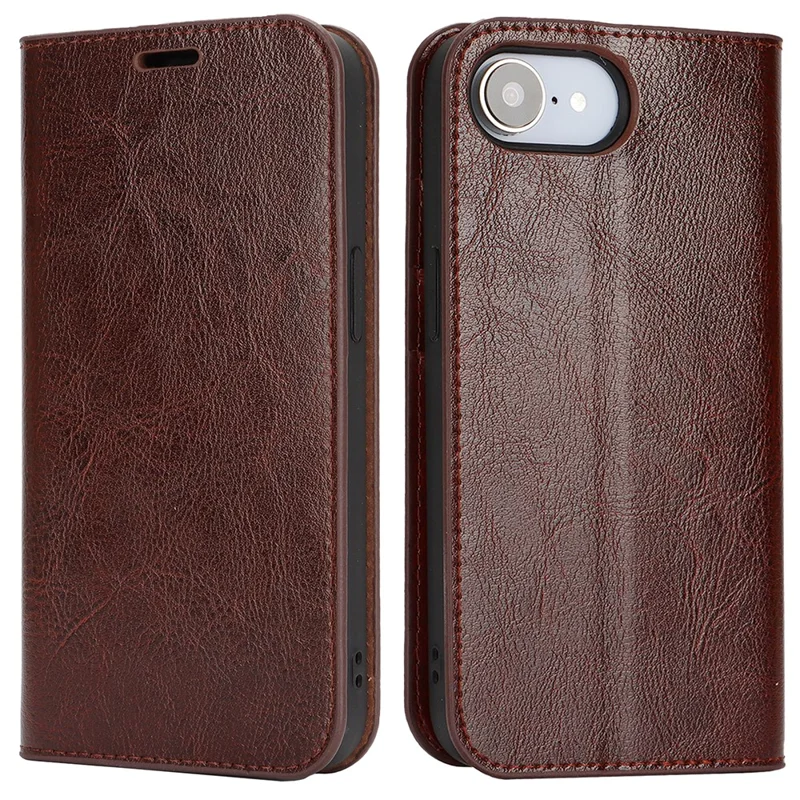 For iPhone 17e / 16e Case Crazy Horse Texture Split Leather Wallet Phone Cover - Dark Brown