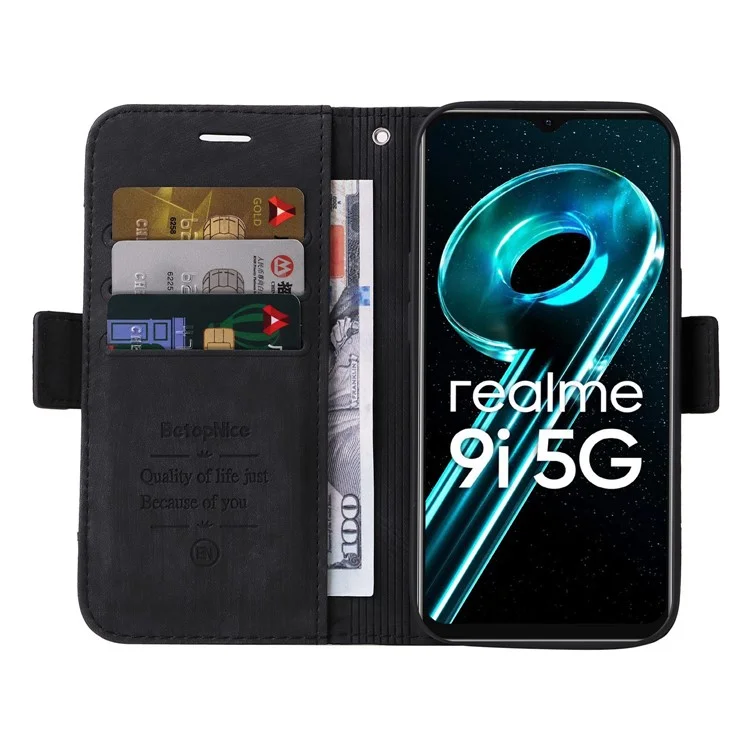 Betopnice 001 Cubierta Telefónica Anti-drop Para Realme 9i 5G / V20 5G, Línea de Costura Impresa PU Leather + TPU Phone Case Soport Willet Con Correa - Negro