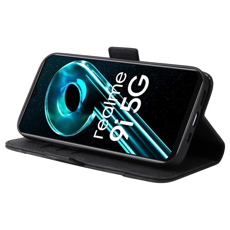 Betopnice 001 Cubierta Telefónica Anti-drop Para Realme 9i 5G / V20 5G, Línea de Costura Impresa PU Leather + TPU Phone Case Soport Willet Con Correa - Negro