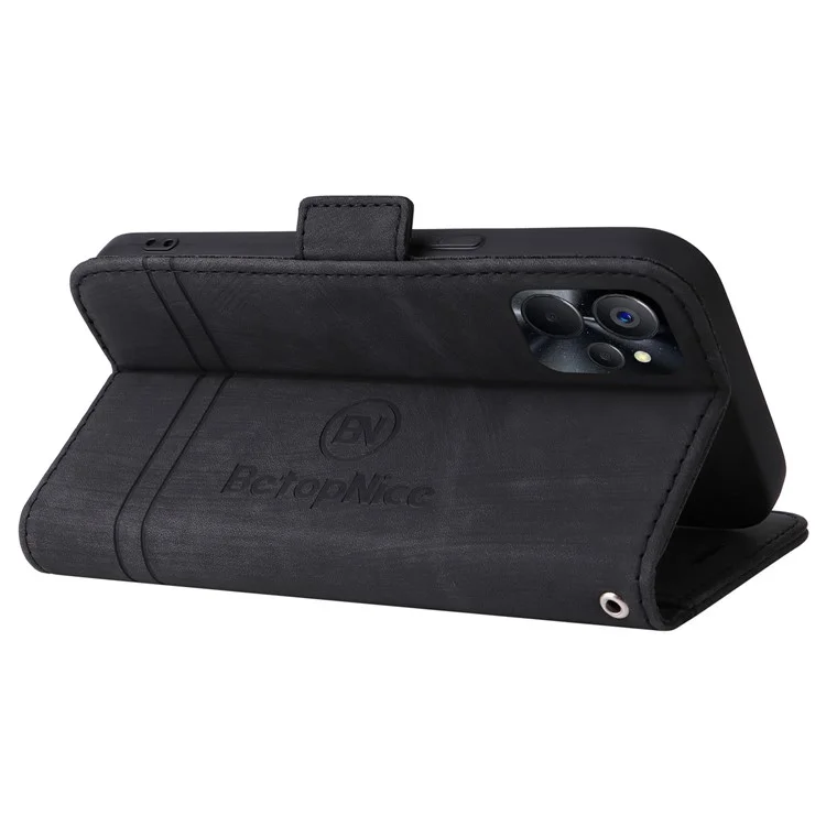 Betopnice 001 Cubierta Telefónica Anti-drop Para Realme 9i 5G / V20 5G, Línea de Costura Impresa PU Leather + TPU Phone Case Soport Willet Con Correa - Negro
