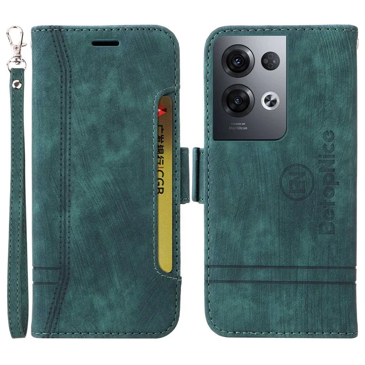 Betopnice 001 Pour Oppo Reno8 Pro 5G (version Globale) / Reno8 Pro + 5G Ligne de Couture Imprimée en Cuir PU + Tpu Couvercle de Téléphone Portefeuille Avec Sangle - Vert