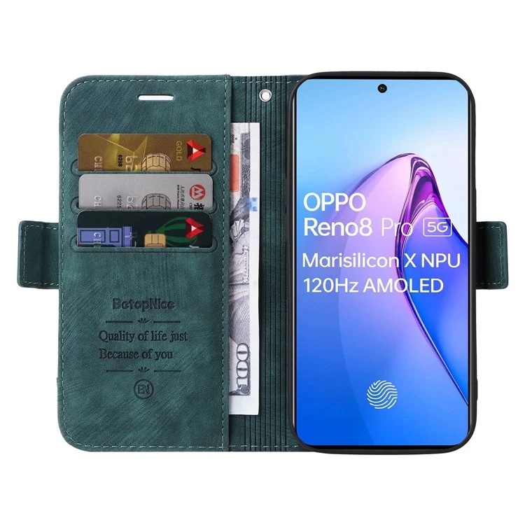 Betopnice 001 Pour Oppo Reno8 Pro 5G (version Globale) / Reno8 Pro + 5G Ligne de Couture Imprimée en Cuir PU + Tpu Couvercle de Téléphone Portefeuille Avec Sangle - Vert