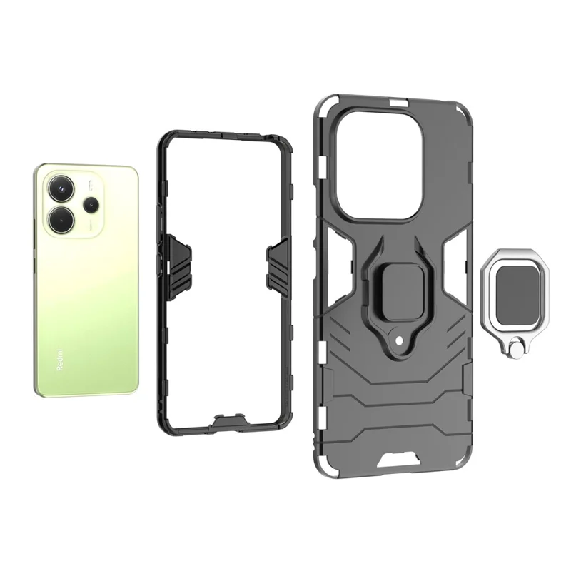 For Xiaomi Redmi Note 14 4G (163.25mm) Case PC + TPU Protective Phone Cover with Ring Kickstand - Black
